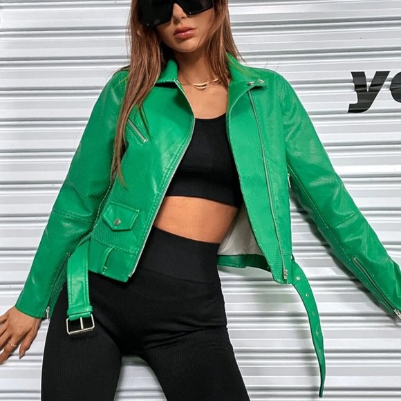 Green Zipper up Grommet Buckle Moto Jacket minimalist - Picture 4 of 6